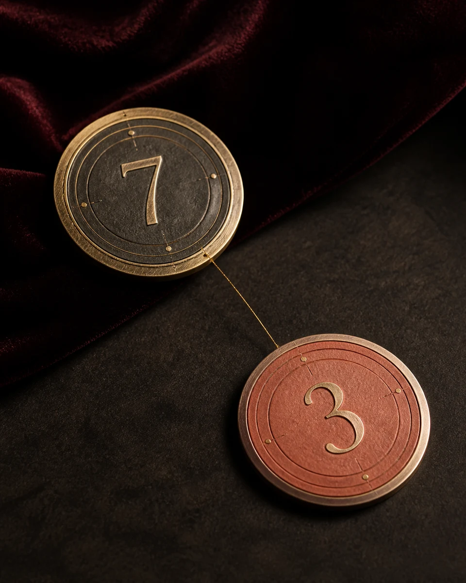 Two numerology charts laid side by side, their matching numbers circled.
