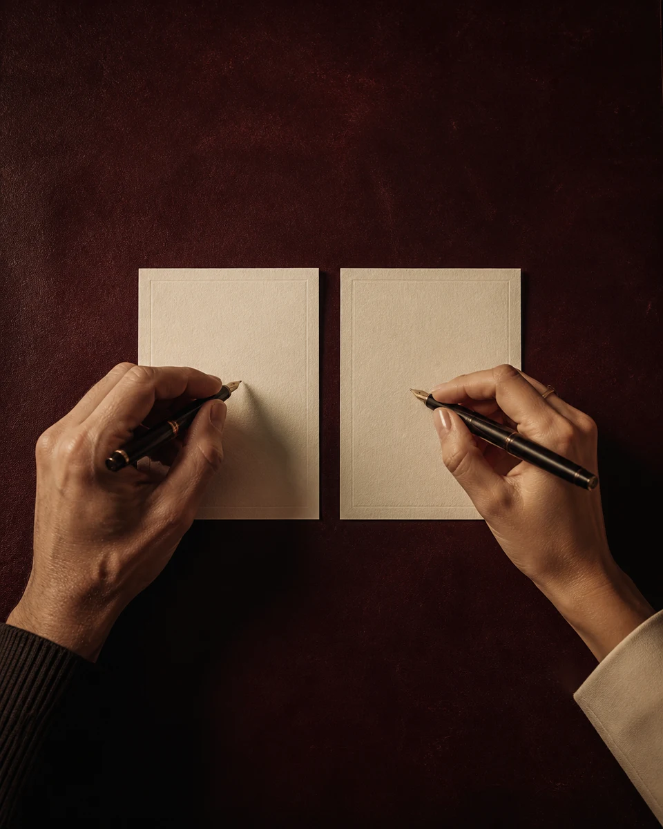Two hands writing both full names and birth dates on paper by candlelight.